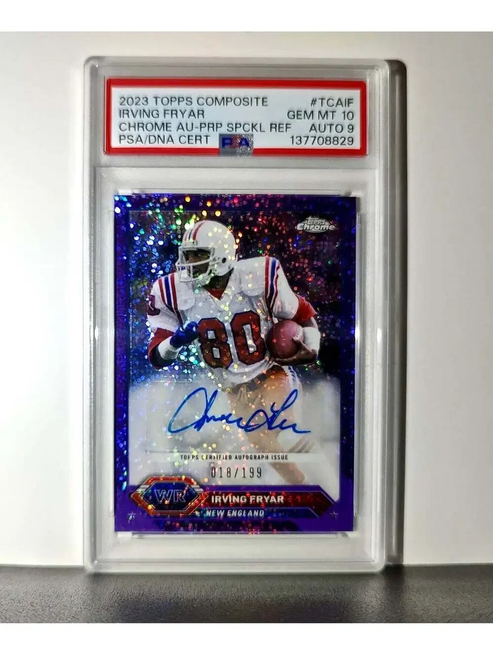 Irving Fryar 2023 Topps Chrome Purple Speckle Refractor 18/199 PSA 10 Auto 9